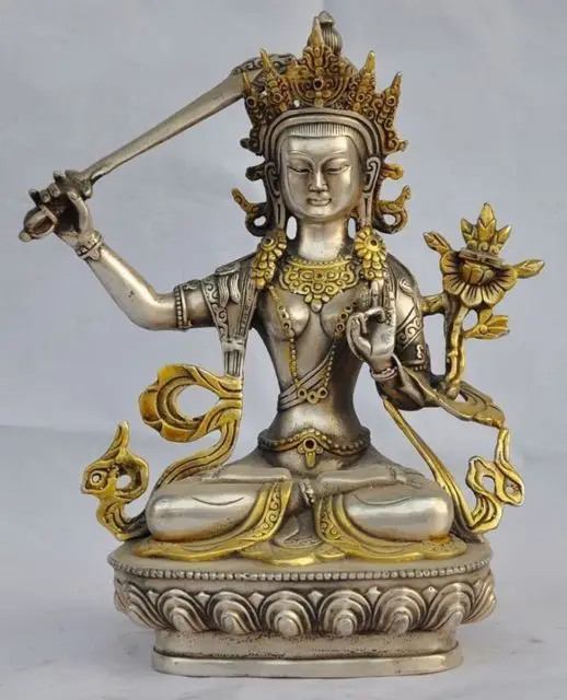 

8.07 inch / Elaborate Chinese Hand-Carved Tibetan Silver Gilded Tara Buddha Statue