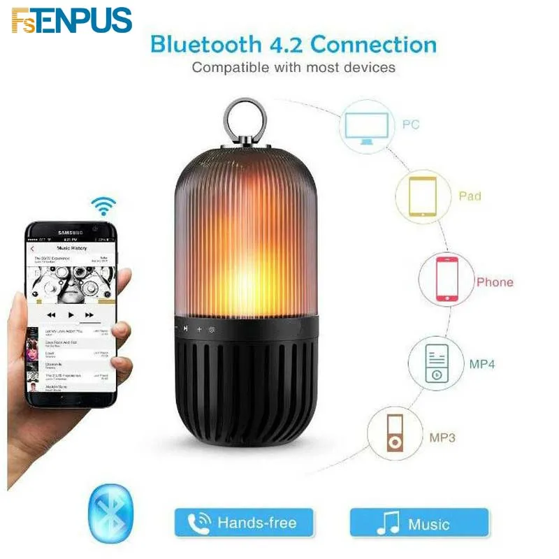 LED Flame Lamp Portable Speakers Light Bluetooth Party Light Stereo Flickering Night Light Outdoor Camping Stereo Speaker