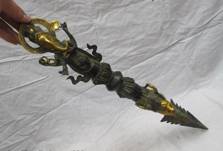 Tibet Ganapati Ganesh Lord Ganesha Bronze Gilt Buddhism Phurpa Dagger statue