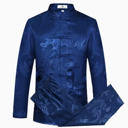 Blue Chinese Traditiona Men's Tang Suit Sets Long Sleeve Long Pants Dragon Kung Fu Suit High Quality Silk Wu Shu Tai Chi Sets