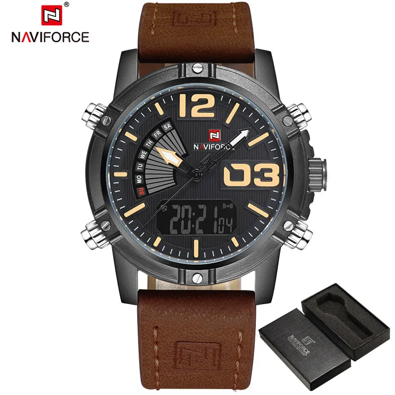 NAVIFORCE Luxury Brand Men\'s Sport Watches Men Dual Display LED Digital Waterproof Leather Strap Quartz Military Watch Man Clock