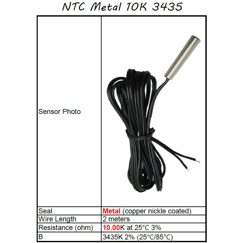 Sensor de temperatura ntc, selado em metal, 10.00k ohm, 25c, b = 3435k (25c/85c), comprimento de fio 2 metros, lilytech
