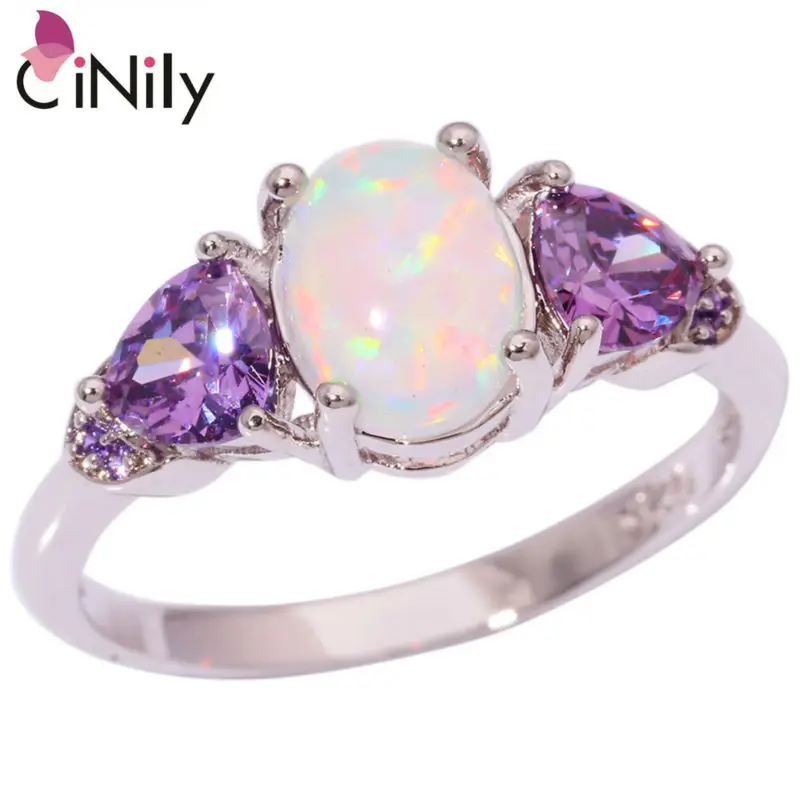 CiNily Created White Fire Opal Rings with Purple Zircon Silver Color Rings for Women Party Trendy Fashion Jewelry Gifts Size5-10