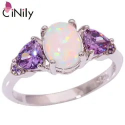CiNily Created White Fire Opal Rings with Purple Zircon Silver Color Rings for Women Party Trendy Fashion Jewelry Gifts Size5-10