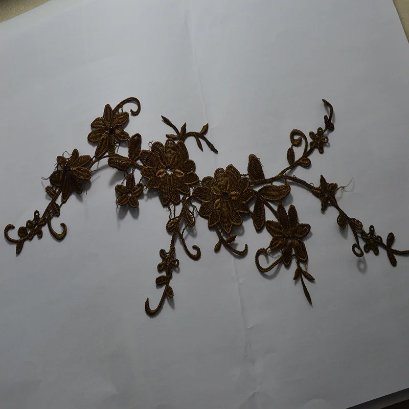 1Piece 36*11Cm Brown Red Green Pink Yellow Wedding Dress Decorated Sequin Organza  Flower Applique Sew On Lace Patches Dress