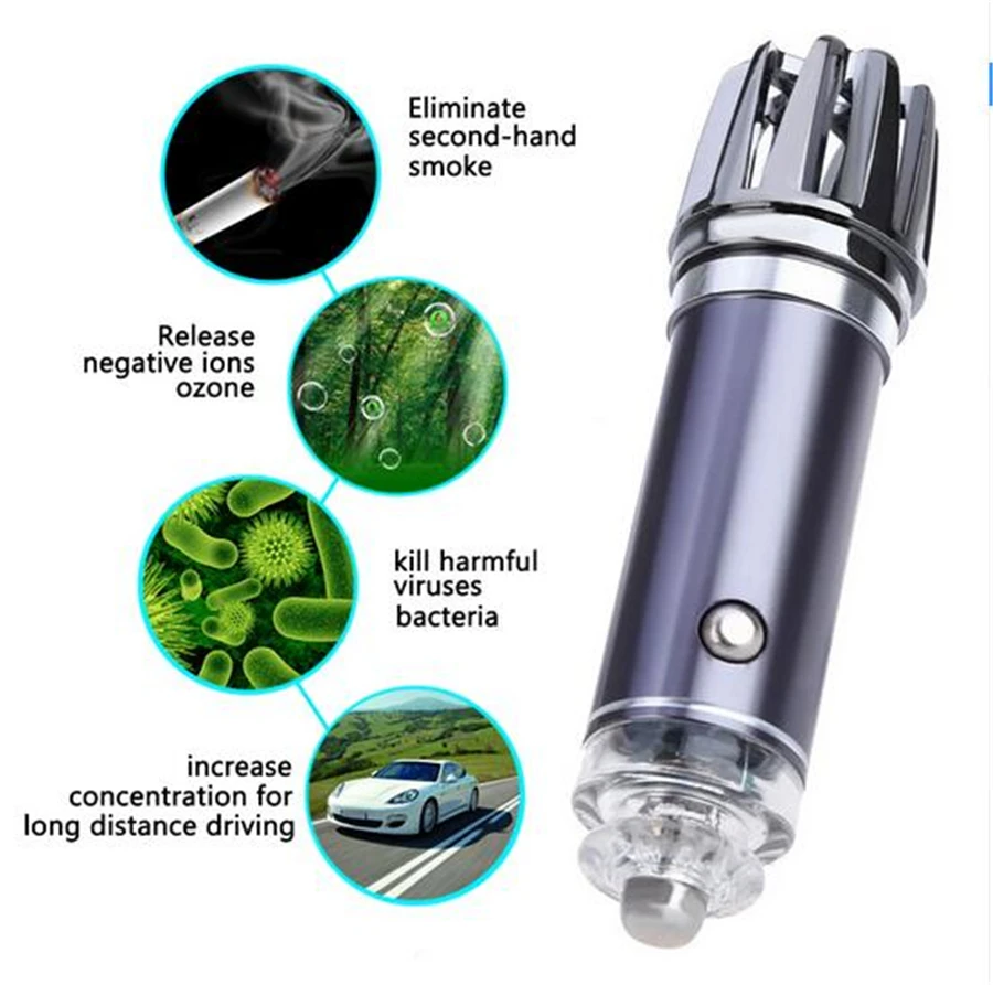 12V Mini Car Ionic Air Purifier Cleaner Air Quality Freshener Oxygen Bar Silver Color Using for Car With LED Light Vehicle