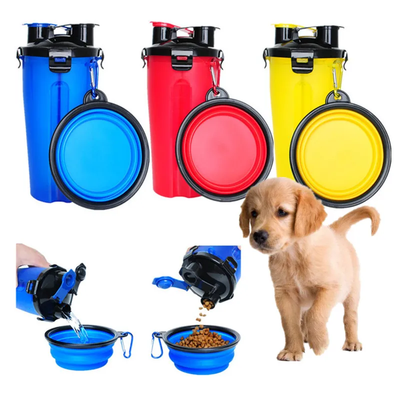 Dural Function Pet Food Water Container Bottle Bowl Portable Dog Travel Water Food Feed Bowl Foldable Dish For Dog Cat Feeding