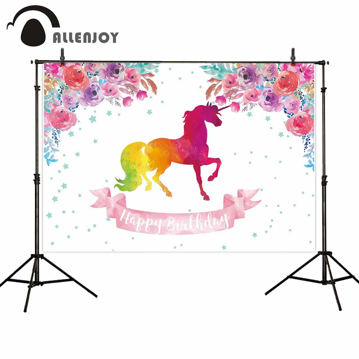 

Allenjoy professional photography background multicolored flowers decorate stars cute unicorn birthday backdrop photobooth