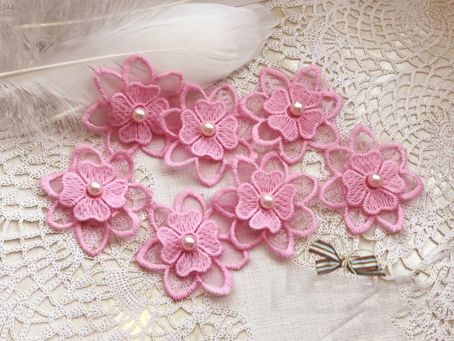 

5cm 1.96" wide 20pcs dark pink beads 3D flowers embroidery lace appliques patches L14M153