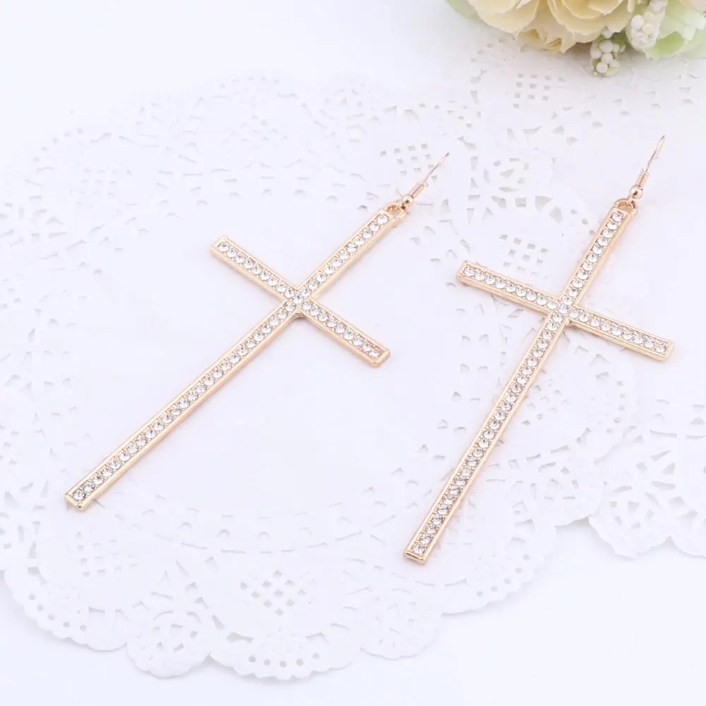 Hip Hop Big Gold/Silver Color Rhinestone Cross Dangle Earrings Fashion Crystal Cross Earrings