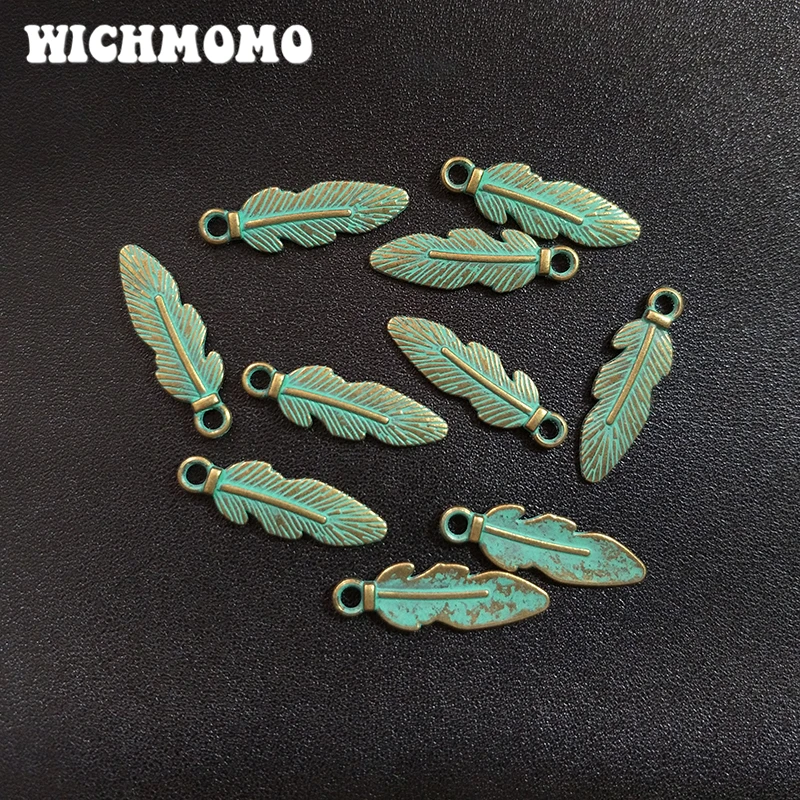 New 50pcs/bag 25MM New Retro Patina Plated Zinc Alloy Green Feather Charms For DIY Jewelry Accessories