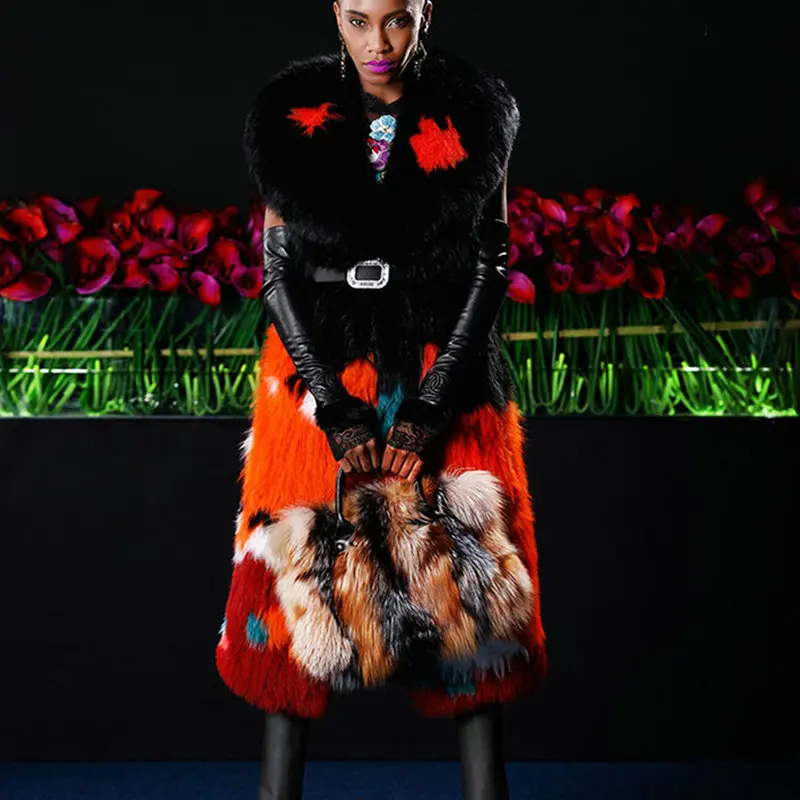 Fashion sale fox fur fabric vest fashion show jacket real fox fur coat leather grass vest young woman coat