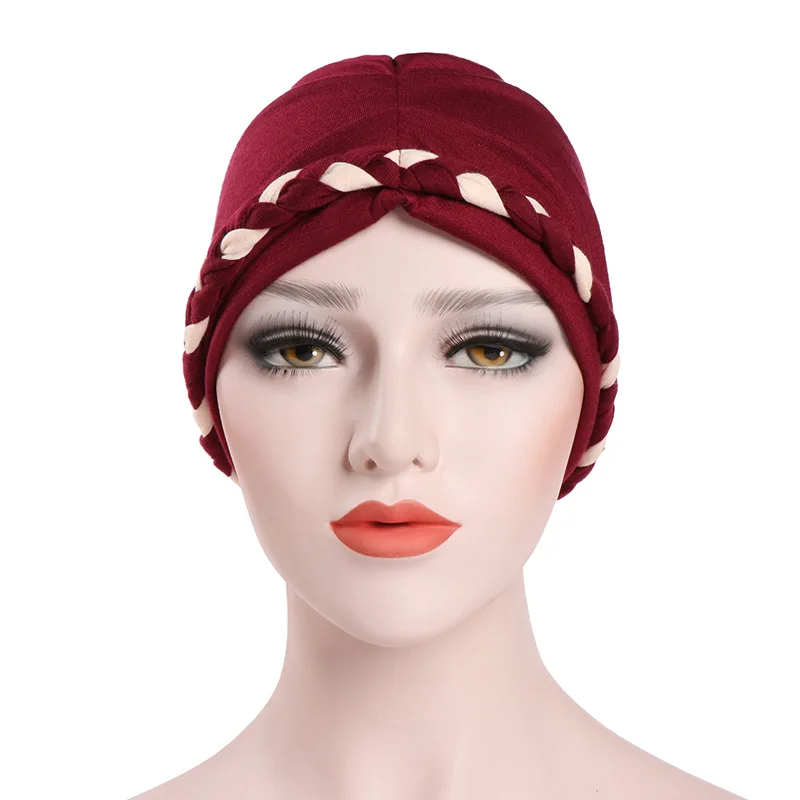 

New Women Headwrap Double Color Braided Head Wrap chemo Braid Muslim Turban cotton cap hair caps chemotherapy Bandanas