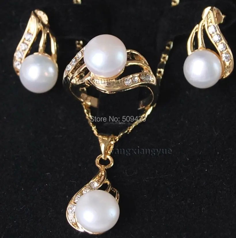 

Free Shipping Genuine White Akoya Cultured Pearl ring earrings Necklace Pendant Set AAA