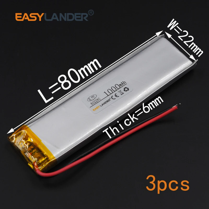 

3pcs/Lot 3.7V 1000mAh 602280 Rechargeable Lithium Li-ion Polymer Battery 062280 Batteries