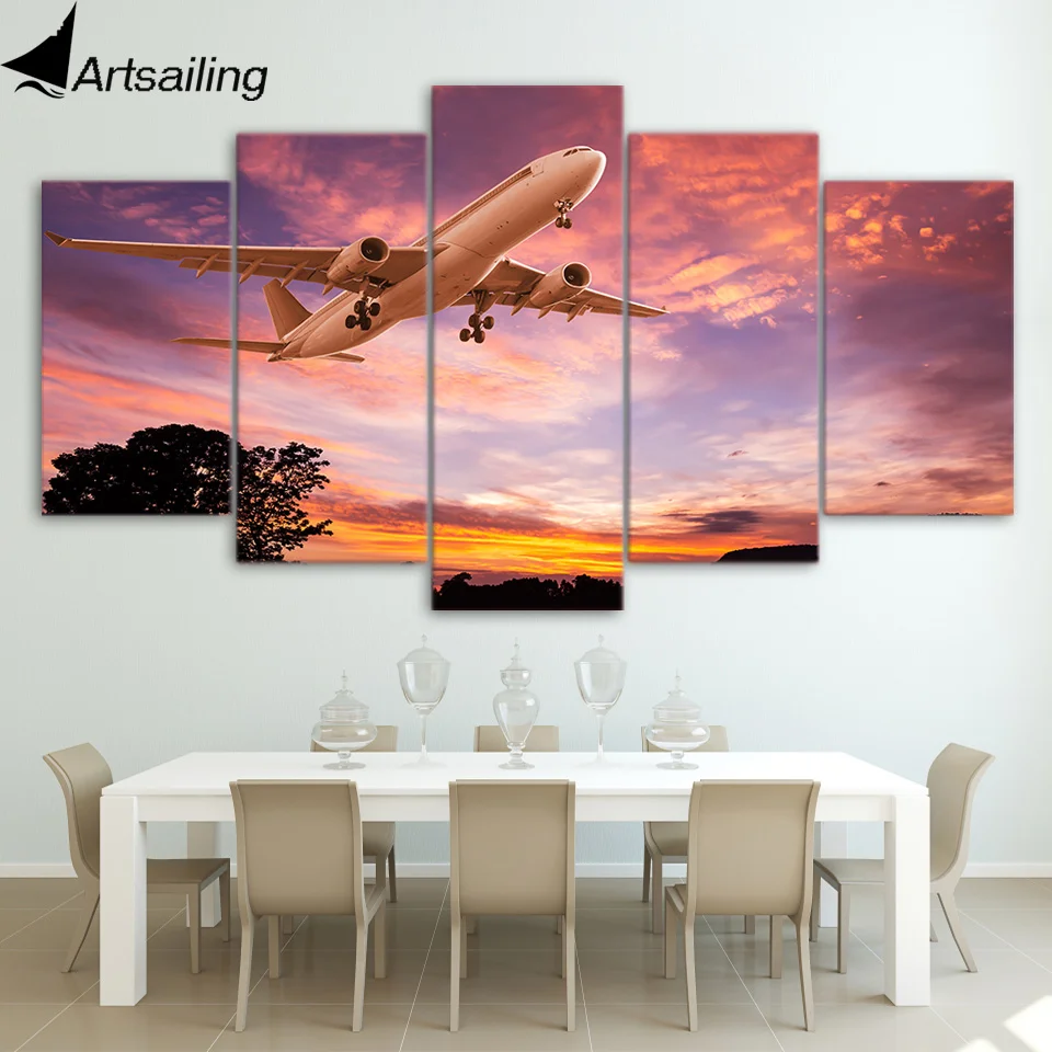 Artsailing print painting on Canvas Sunset Sky Airplane painting  Landscape Picture Airplane Modern House Decoration 5 piece