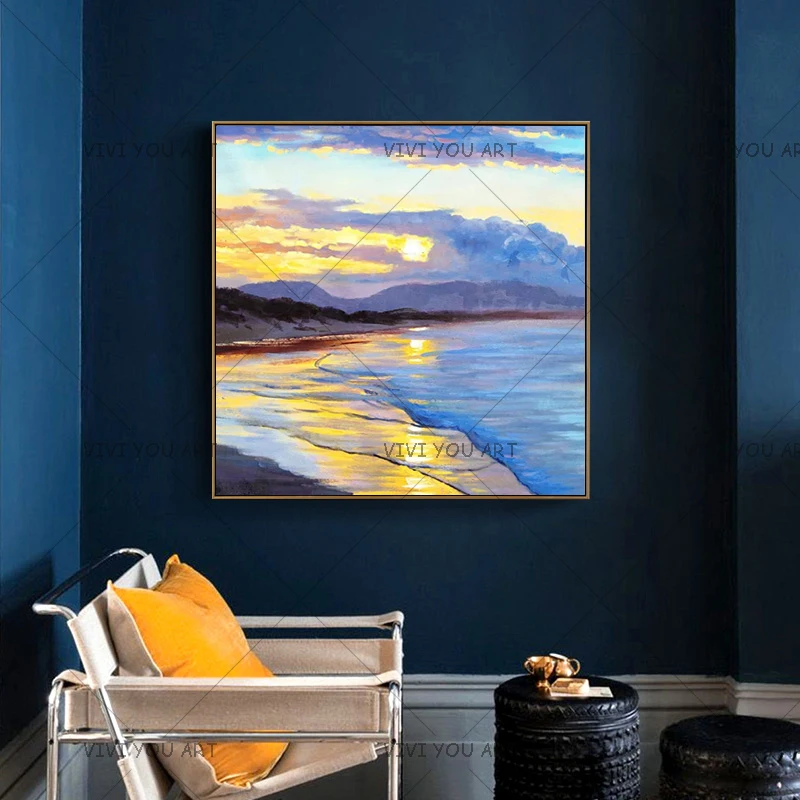 Beach Sunset Sky Clouds Sand Nature Sea Ocean Waves 100% Handmade Wall Paintings On Canvas Oil Painting Wall Painting No Frame