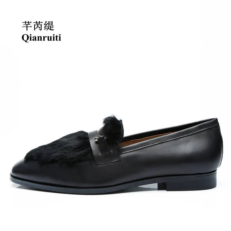 

Qianruiti Men's Rabbit Hair Shoes Slip-on Loafers Gold Metal Hook Smoking Shoes EU39-EU46 Customized color Men Casual Shoes