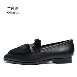 Qianruiti Men's Rabbit Hair Shoes Slip-on Loafers Gold Metal Hook Smoking Shoes EU39-EU46 Customized color Men Casual Shoes