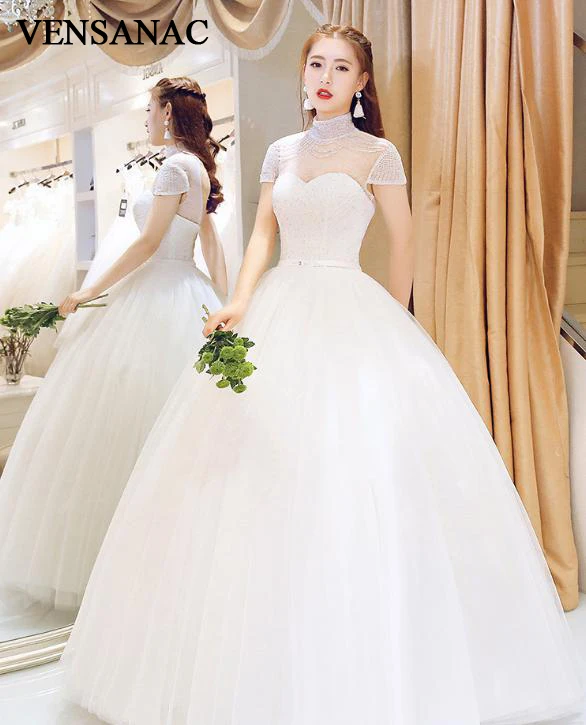 VENSANAC 2018 Beading High Neck Crystal Sash Ball Gown Wedding Dresses Lace Short Cap Sleeve Open Back Bridal Dress