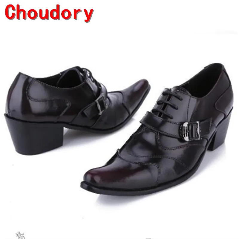 Choudory Large size EUR46 Pointed Toe lace up mens dress shoes black full grain leather high heels buckle smoking shoes men