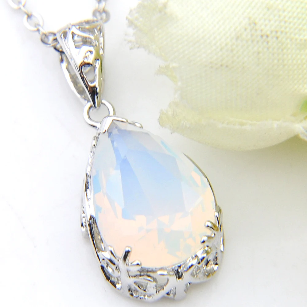 Luckyshine New Water Drop Fire Moonstone Silver Plated Wedding Pendants Russia USA Australia Pendants Necklaces