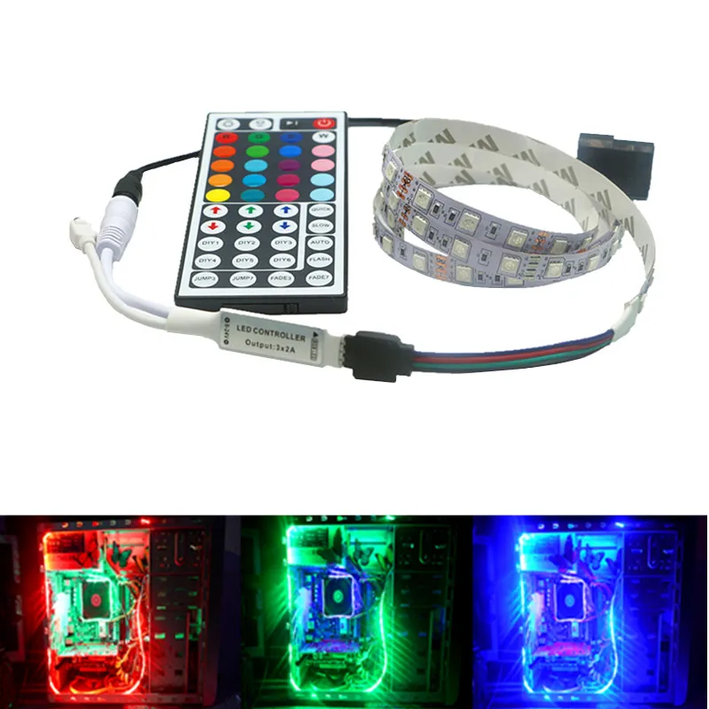 RGB LED Strip Light Full Kit for PC Computer Case SATA Power Supply Interface Fixed by Tape Sticker,Remote Control Color 12V