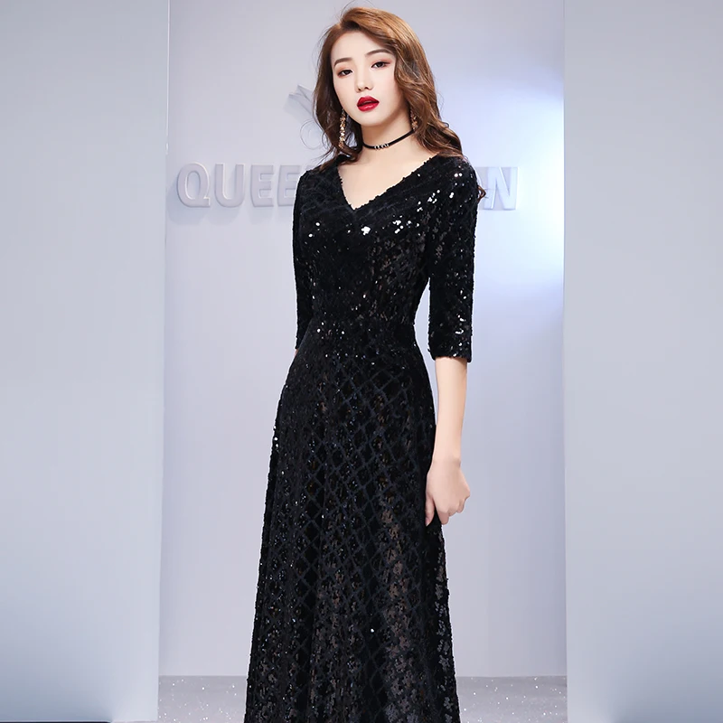 Customized Formal Evening Dresses V Neck Long Black Sequin Wedding-Guest Party 2019 Maxi Evening Gown Dress WY1310