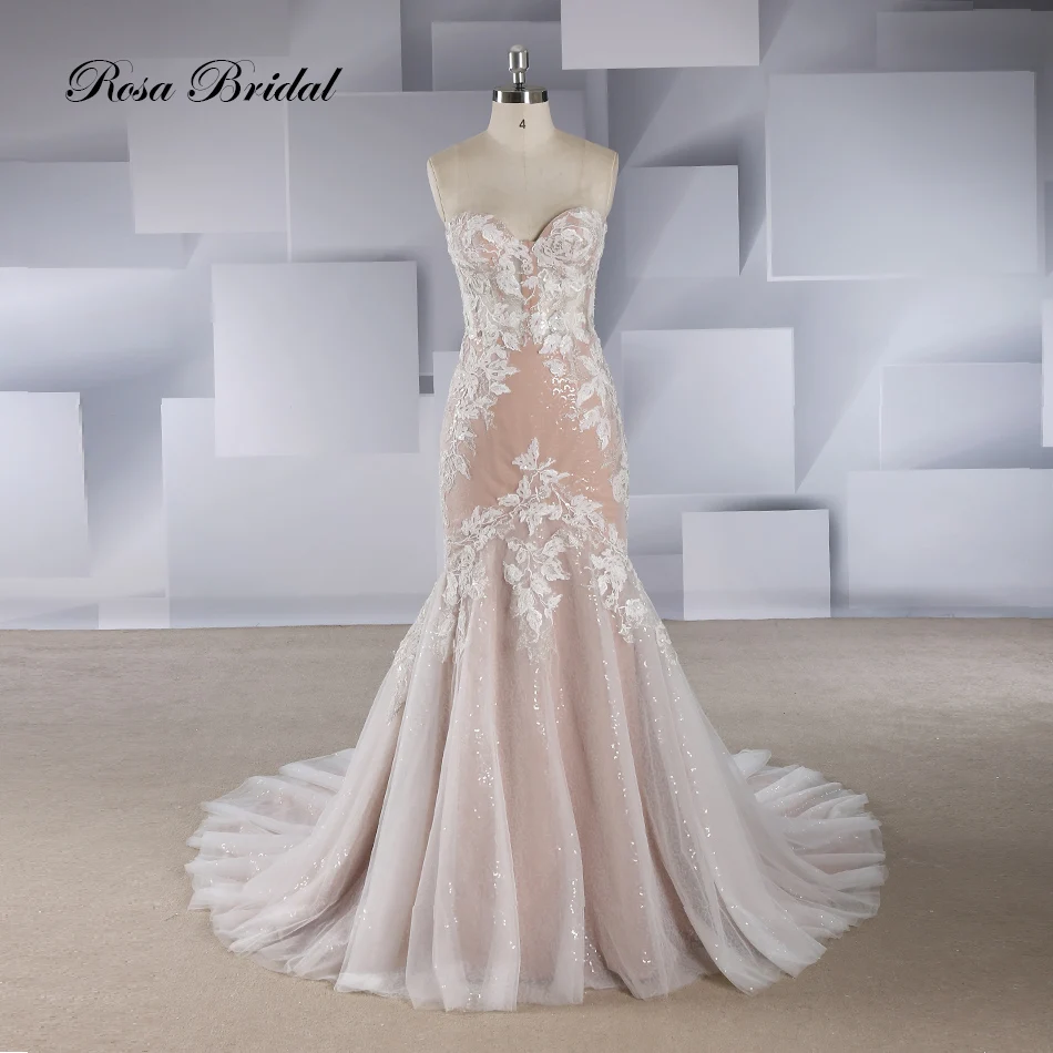 Rosabridal Meerjungfrau hochzeit kleid 2018 Vestido de novia großhandel liebsten boning mieder appliques über grau tüll mit schwanz