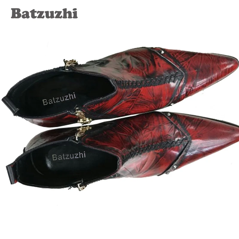 Batzuzhi Italy Type Boots Men Fashion Dress Leather Boots AnkleMen Zip Pointed Toe Red Party and Wedding Botas Hombre, EU38-46