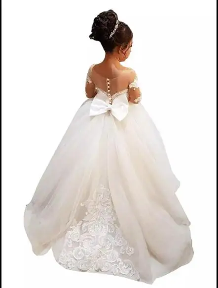 Bow Lace Applique Flower Girl Dress Vintage For Party Custom Made Princess Tutu with Train