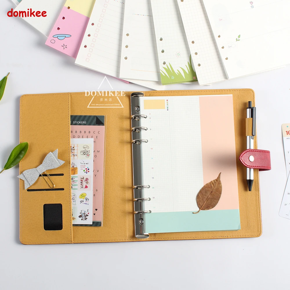 Cute 6 holes replacement inner paper core for spiral notebook:daily weekly monthly planner line grid dots list stationery A5 A6