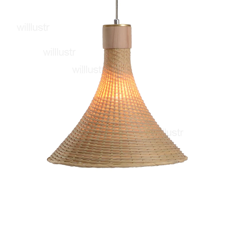 

Подвесной светильник ручной работы из бамбука и дерева с латунными элементами для гостиничных холлов, ресторанов и столовых - Подвесное освещение из плетеного вручную ротанга