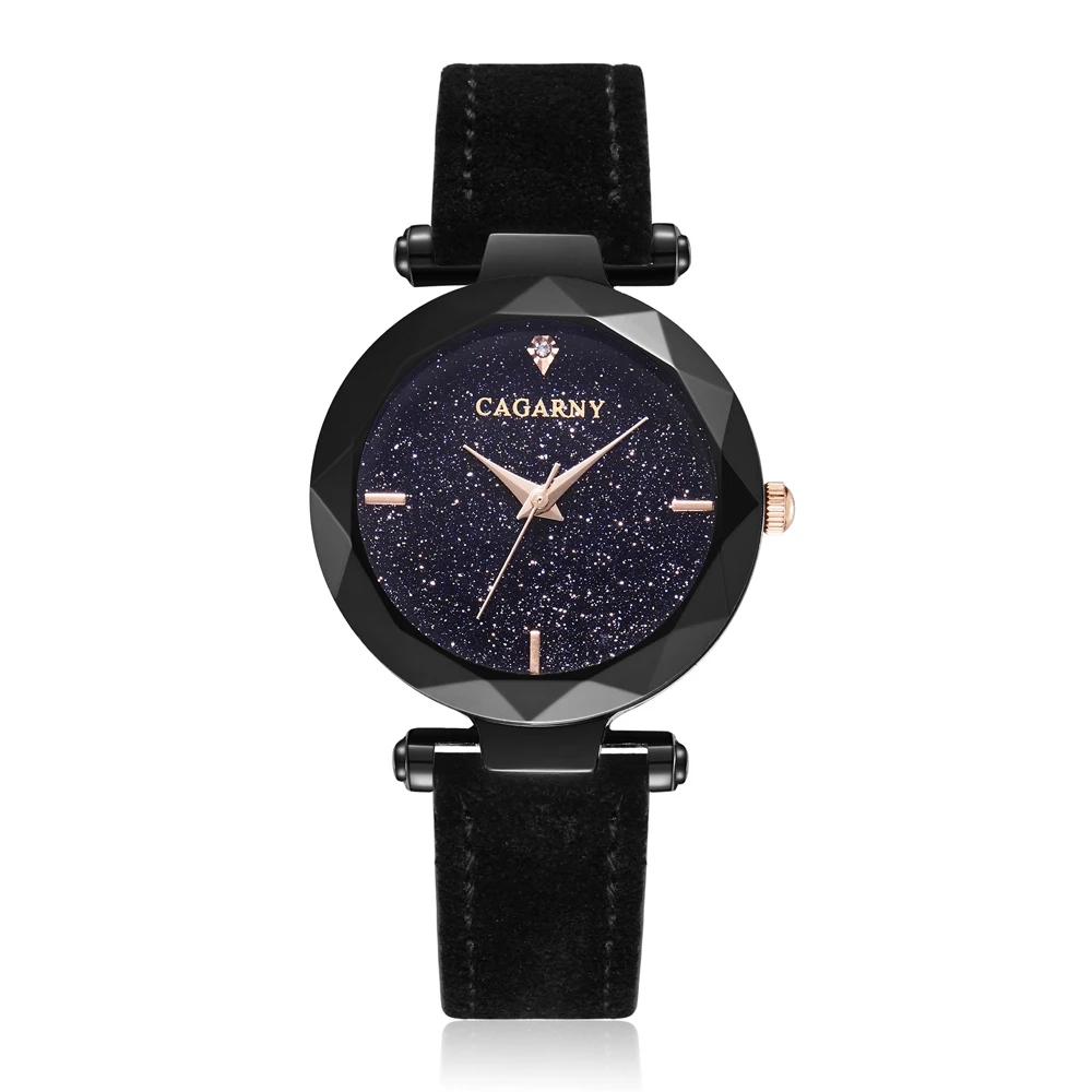 Cagarny Women Fashion Watch Creative Lady Casual Watches Small Case Crystal Stylish Desgin Black Leather Quartz Watch for Female