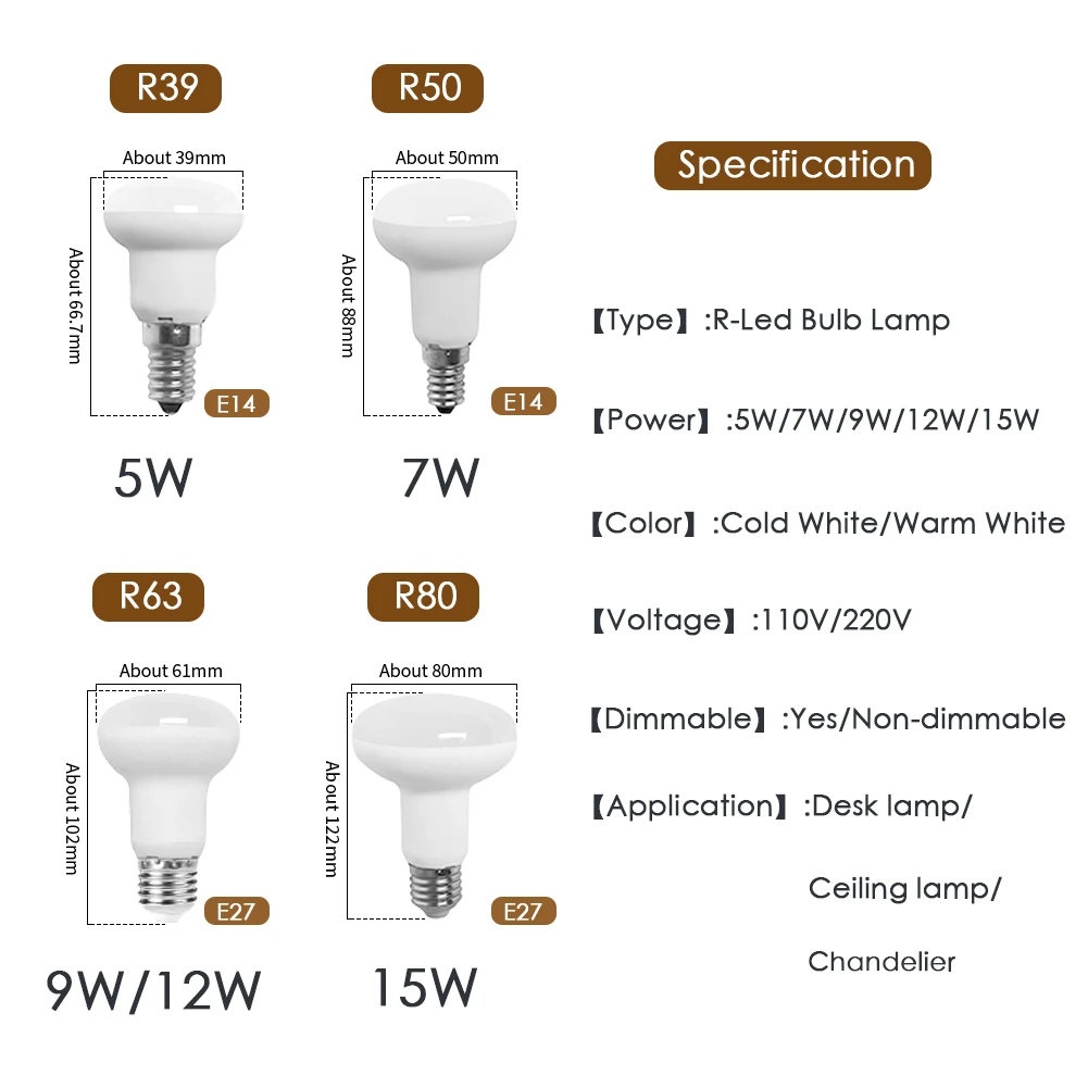 R39 R50 R63 R80 możliwość przyciemniania E27 E14 żarówka LED Bombillas lampa 3W 5W 9W energia cfl ampułka światło punktowe Lampada oszczędność 220V