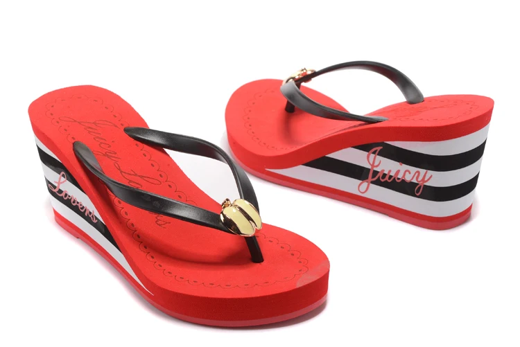 Juicy Lovers Brand Red Black Pink Summer Slippers Wedges Flat Casual Beach Slipper Sandals Outside Sportswear Women Flip Flops