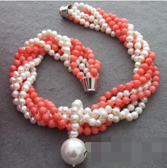 Women Gift word  noble women gift Jewelry  Clasp Natural Love real 6Strads Pearl&Coral Pearl Necklace -jewelry