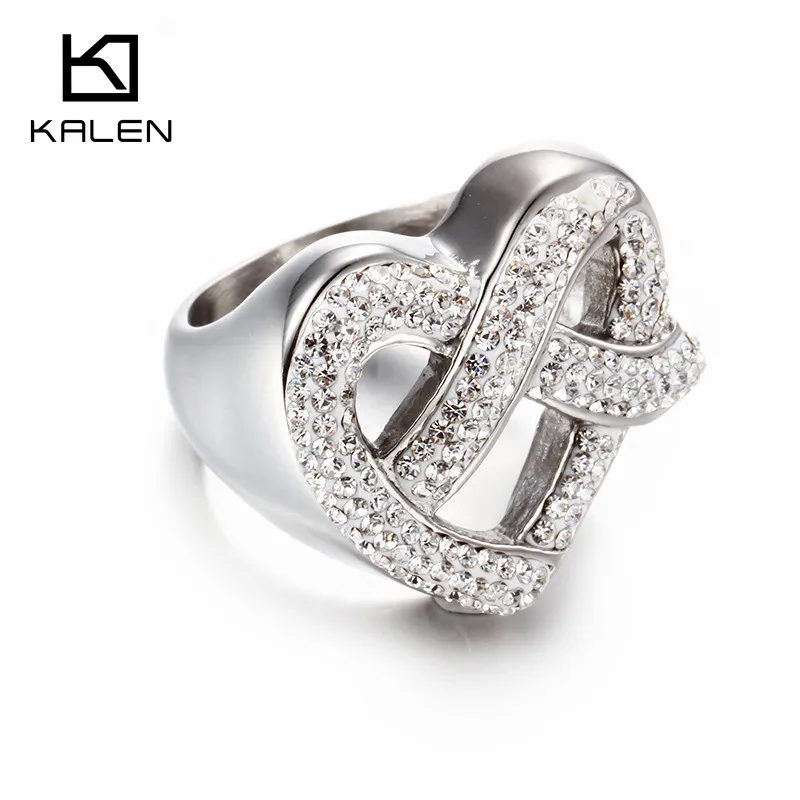 Kalen New Fashion Dubai Gold Color Rings Stainless Steel & Rhinestone Bagues Femme Heart Shaped Party Engagement Couple Jewelry