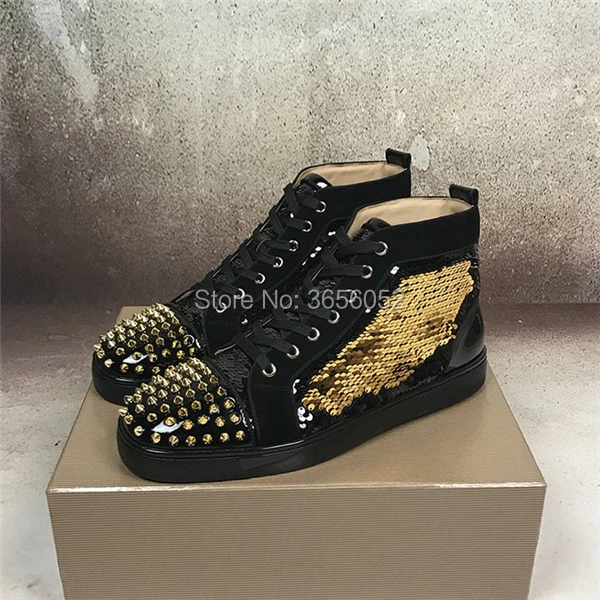 

Shooegle Designer Shoes Glitter High Top Sneakers Zapatillas Hombre Rubber Flats Mens Trainers Stone Studded Man Casual Shoes