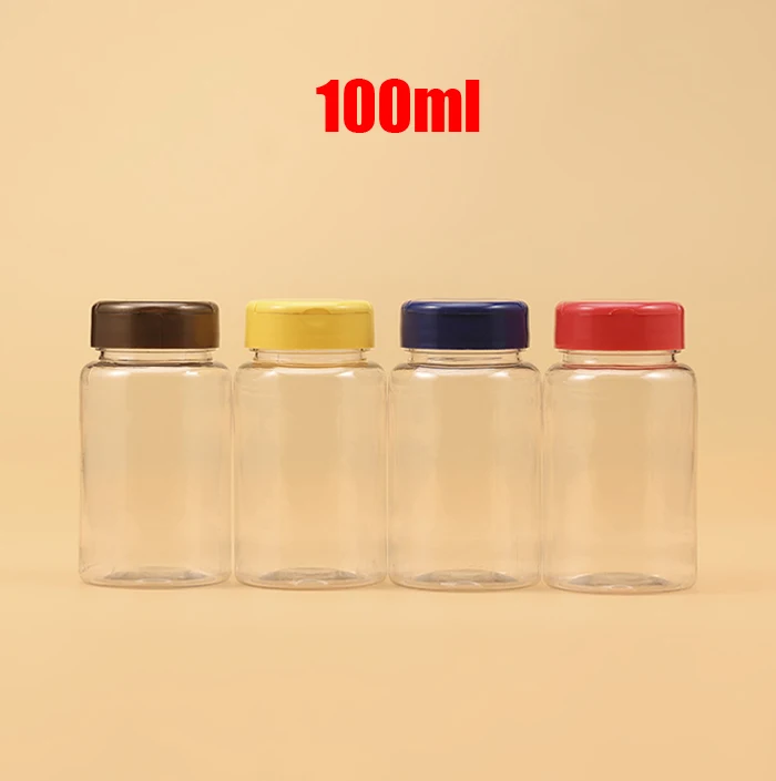 100ml 투명 애완 동물 플라스틱 병, 캡슐 병, 작은 약병, 4 색 플립 캡이 있는 샘플 용기, 20 개