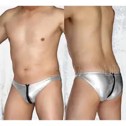 Mens sexy brief low rise briefs zipper front and back coating matellic