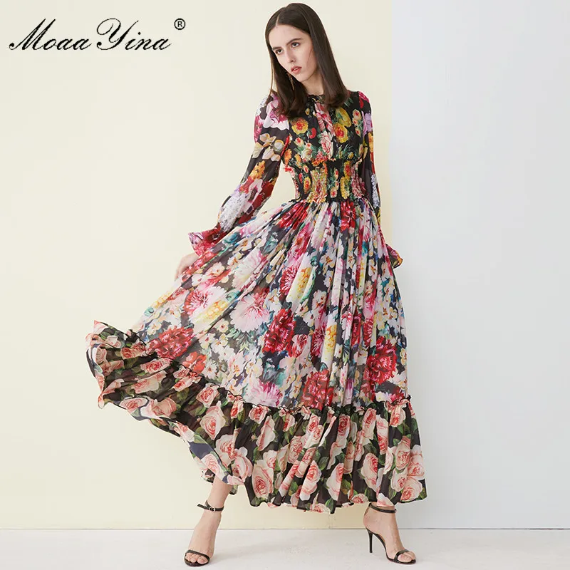 MoaaYina High Quality Women\'s Summer Beach Chiffon Ruffled collar Dress Elegant Elasticity Waist Print Runway Maxi Long Dress