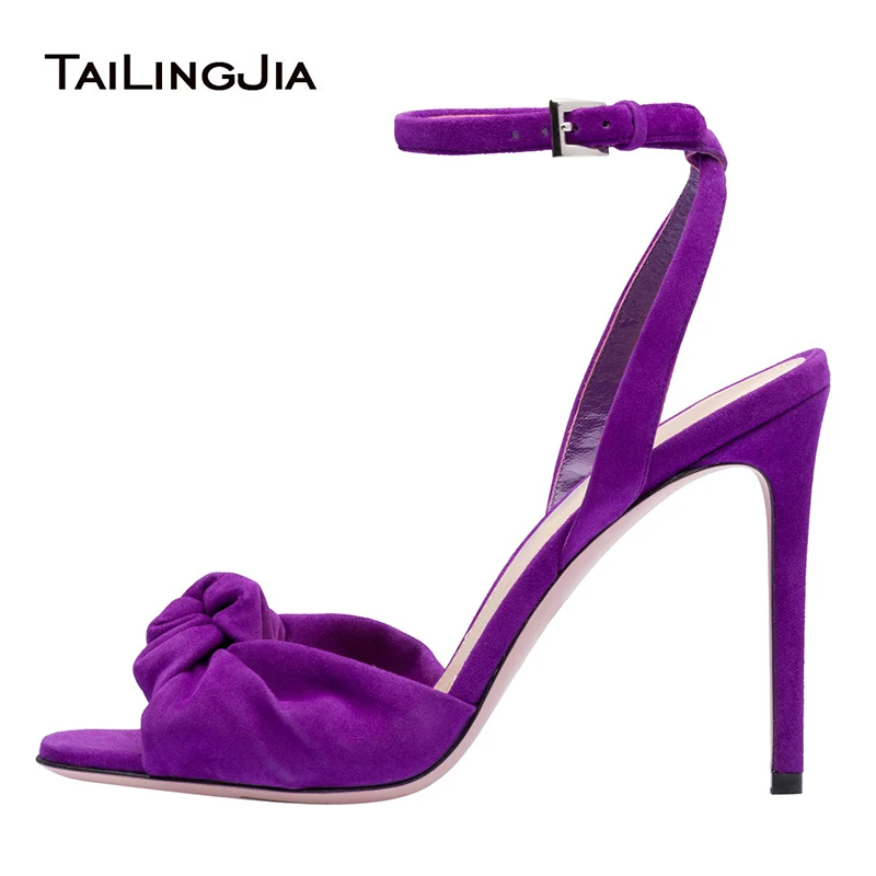 

Faux Suede Red Knotted Sandals Women Purple High Heel Sandal with Knot Black Heeled Party Dress Heels Ladies Summer Shoes 2022