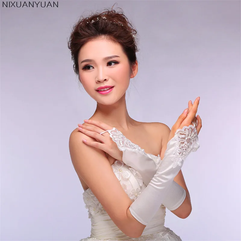 NIXUANYUAN Elegante Acessório Do Casamento Branco Fingerless Elbow comprimento Santa Trajes Do Casamento Luvas de Noiva Luvas de Renda de Cetim Macio