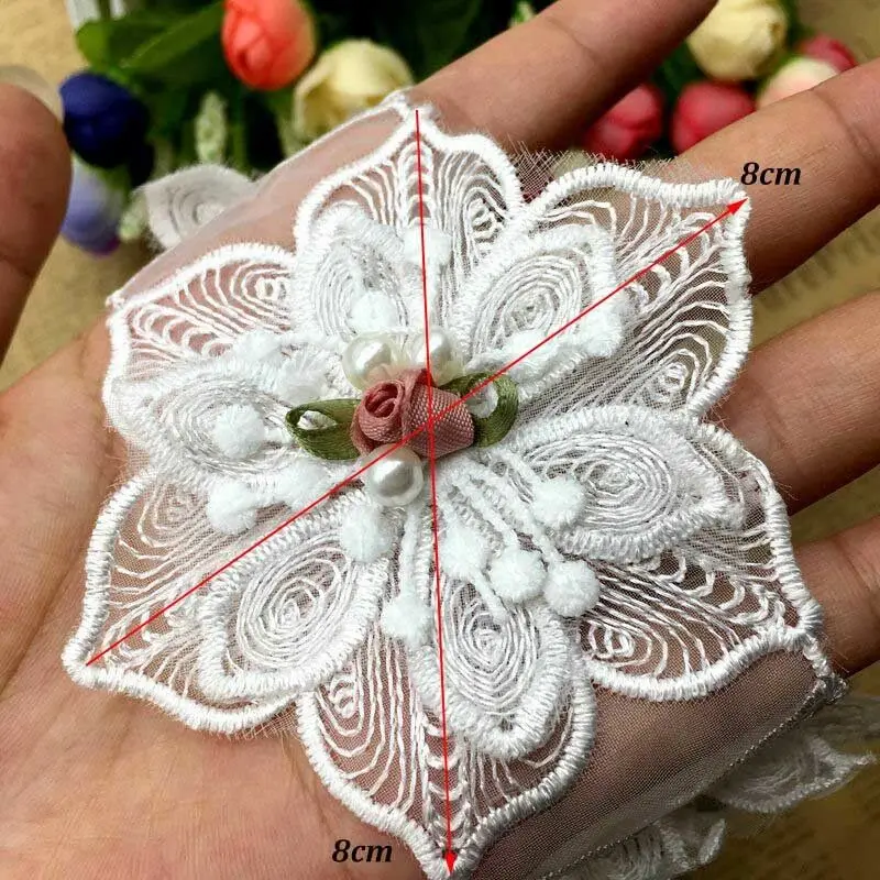 10X Bianco Fiore Della Rosa Della Perla Ricamato Lace Trim Applique Nastro Tessuto Mestiere di Cucito Da Sposa Fatto A Mano Della Decorazione Del