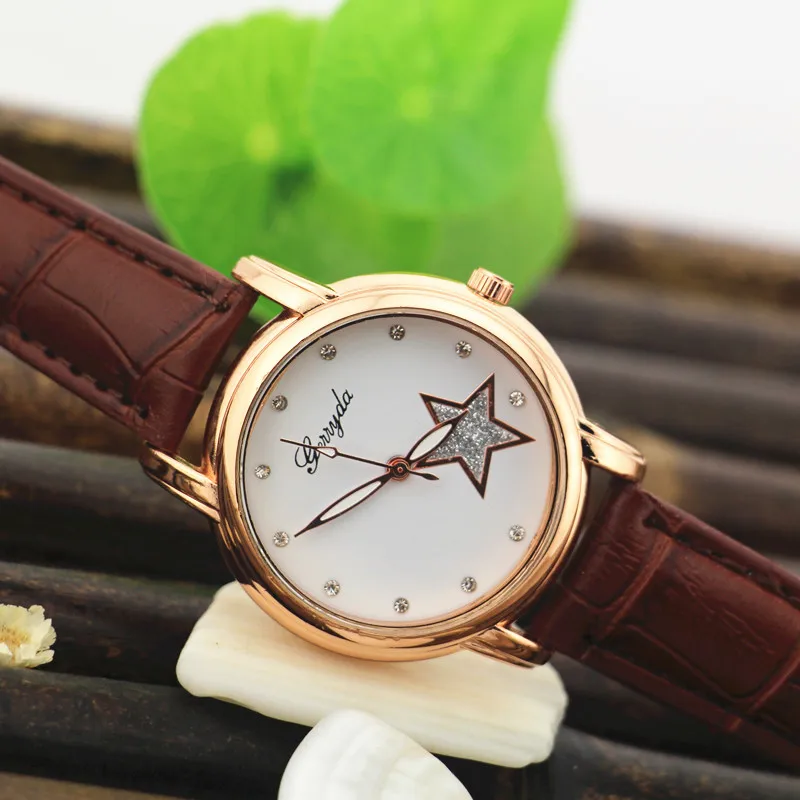 Free shipping!Leather band,gold plate alloy case,crystal in dial with star imprint,quartz movement,Gerryda fashion lady watches