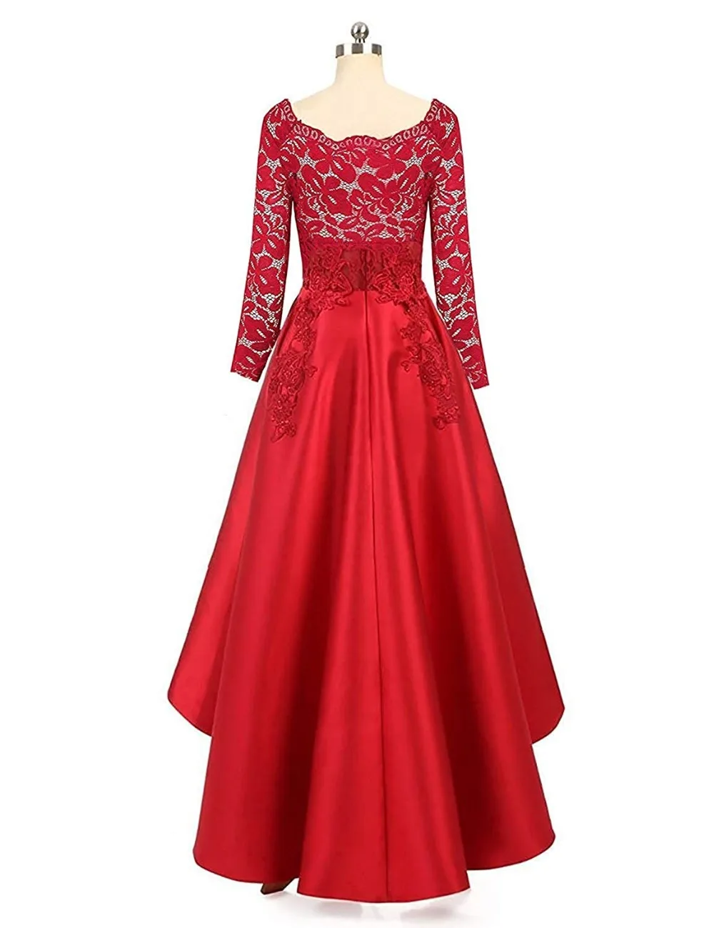 JaneVini – robe de bal rouge, grande taille, col rond, manches longues, en Satin perlé, avec des Appliques, 2019