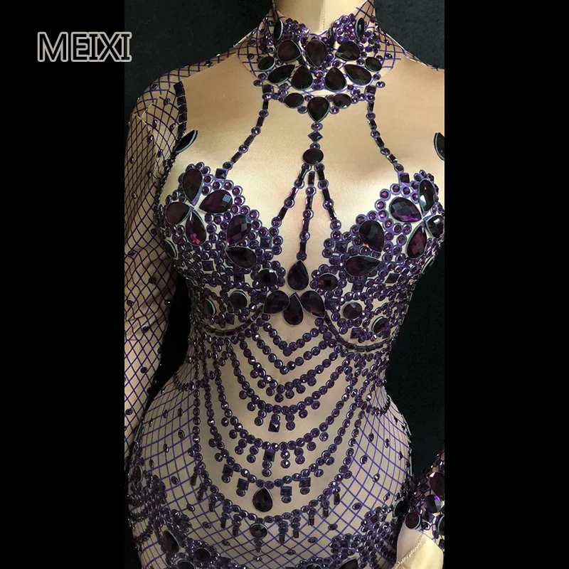 

Sparkling unique deep V purple glass diamond rhinestone evening dress bar gala party concert singer dancer costume