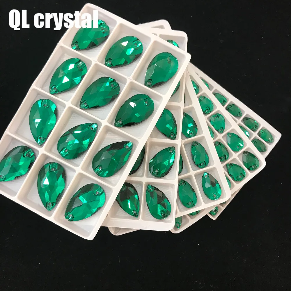 QL Crystal 2019 popular Malachite green Drops Sew On Crystals for Craft Sewing On Rhinestone 2 Holes DIY Garment Dress Making