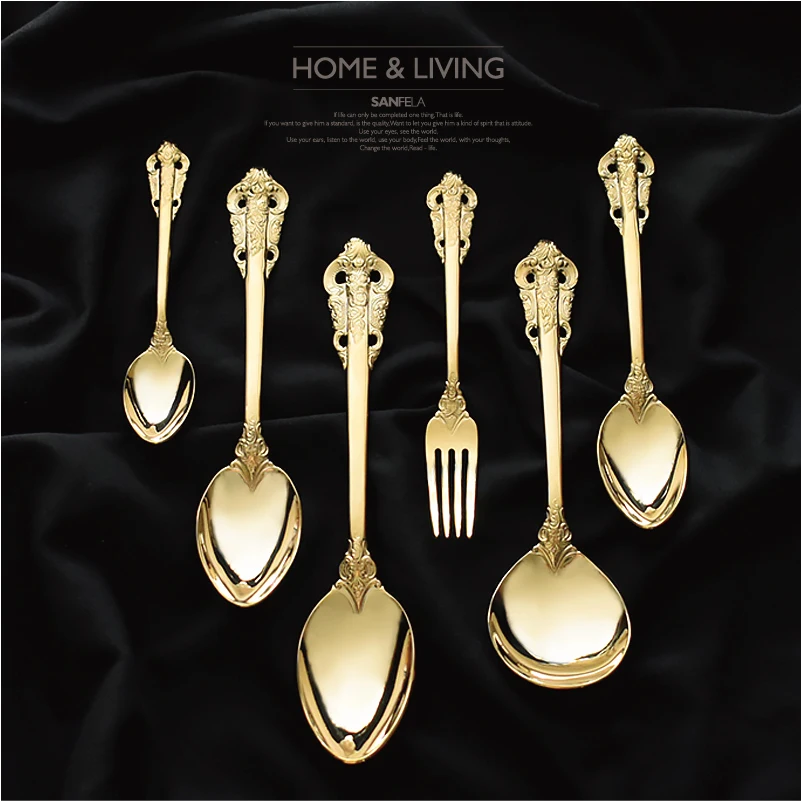 Golden Cutlery Wedding Tableware Gold Dinnerware Retro Vintage Stainless Steel Dinner Knife Coffee spoonDessert Fork Teaspoon